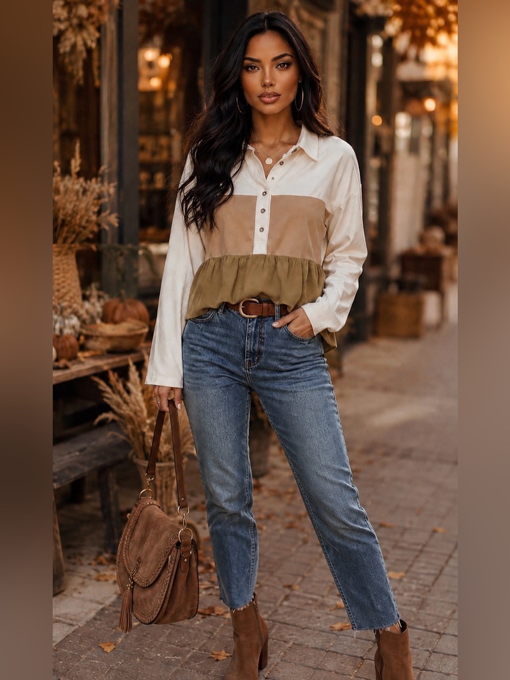 B753. Stylish Cotton Colorblock Ruffle Hem Long Sleeve Top